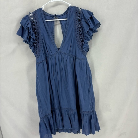 Anthropologie Women’s Size Small Blue Ruffle Flutter Sleeve Plunge Mini Dress - Picture 2 of 14